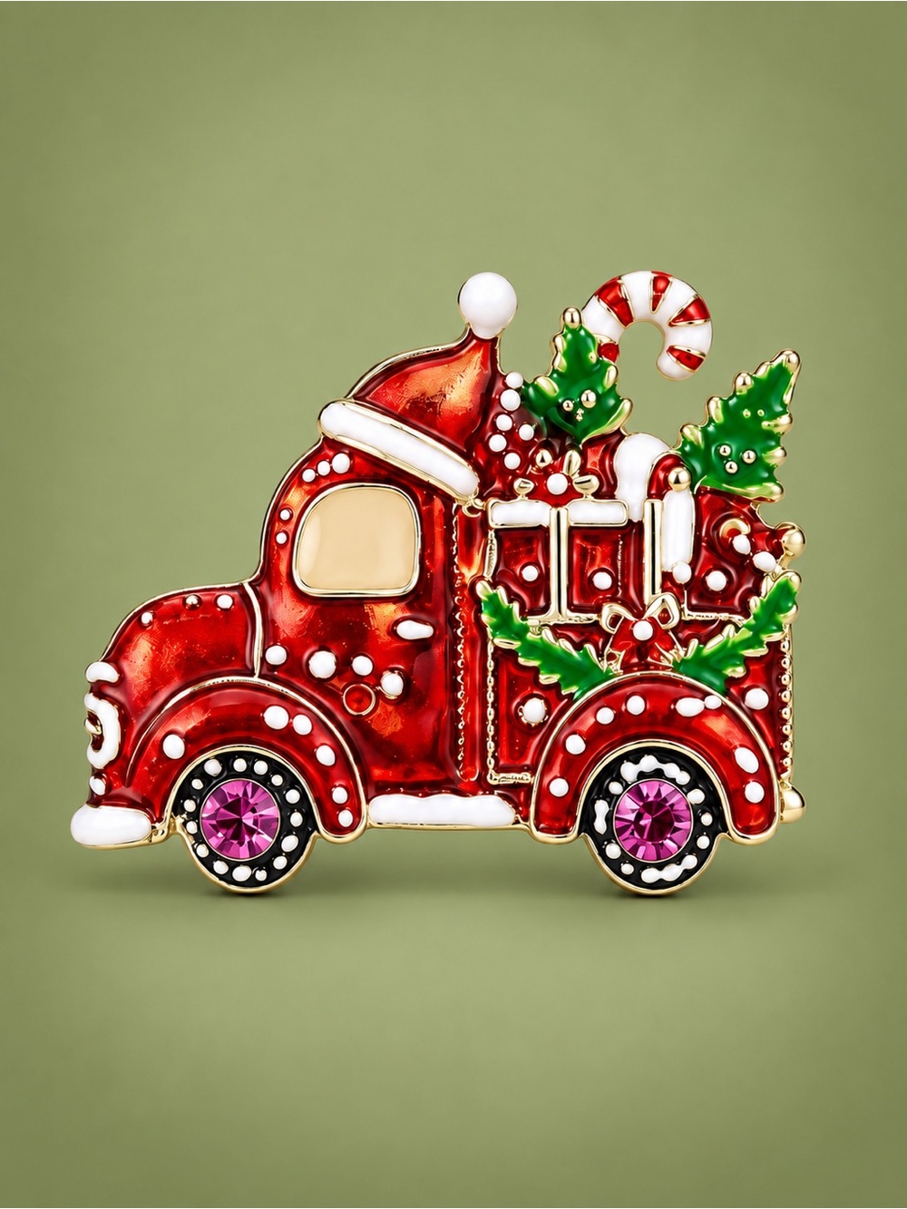 Red Christmas Truck Gold Festive Brooch